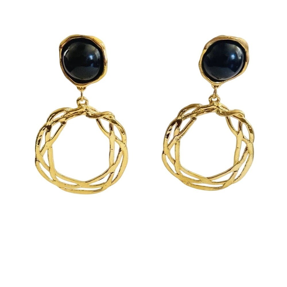 VTG Brutalist Hoop Earrings‎ statement dangle Clip Gold Mod Cabochon Chunky 80s
